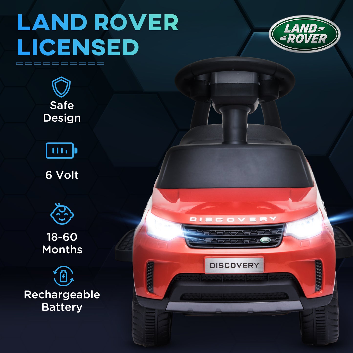 سيارة كهربائية للأطفال 2 في 1 من AIYAPLAY مرخصة من Land Rover بقوة 6 فولت، سيارة منزلقة مع مصابيح أمامية وموسيقى، للأطفال من سن 18 إلى 60 شهرًا، باللون الأحمر