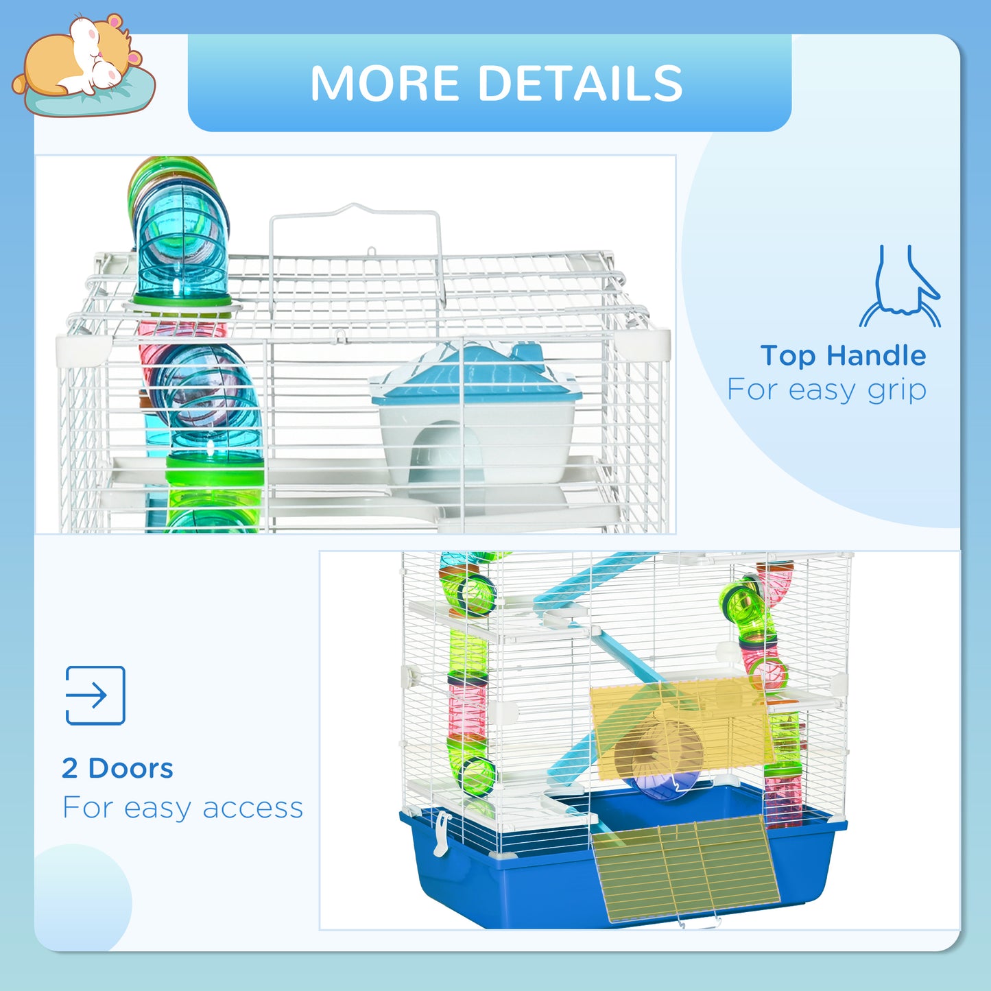 PawHut 5 Tier Hamster Cage, Gerbil Cage with Tube, Water Bottle, Exercise Wheel, Food Dish, 59L x 36W x 69H cm - Blue