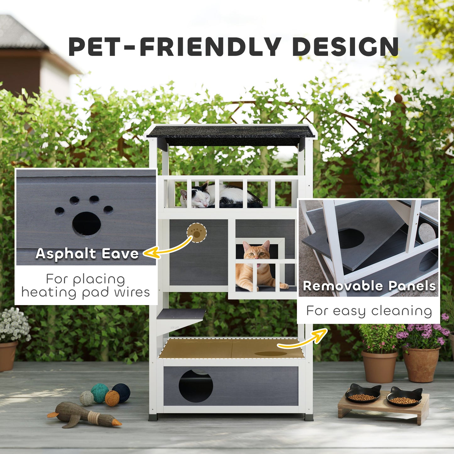 PawHut Wooden Outdoor Cat House, 3-Tier Cat Shelter with Tilted Roof, Terrace, Jump Step, Bottom Tray and Elevated Base, Waterproof Paint, Grey