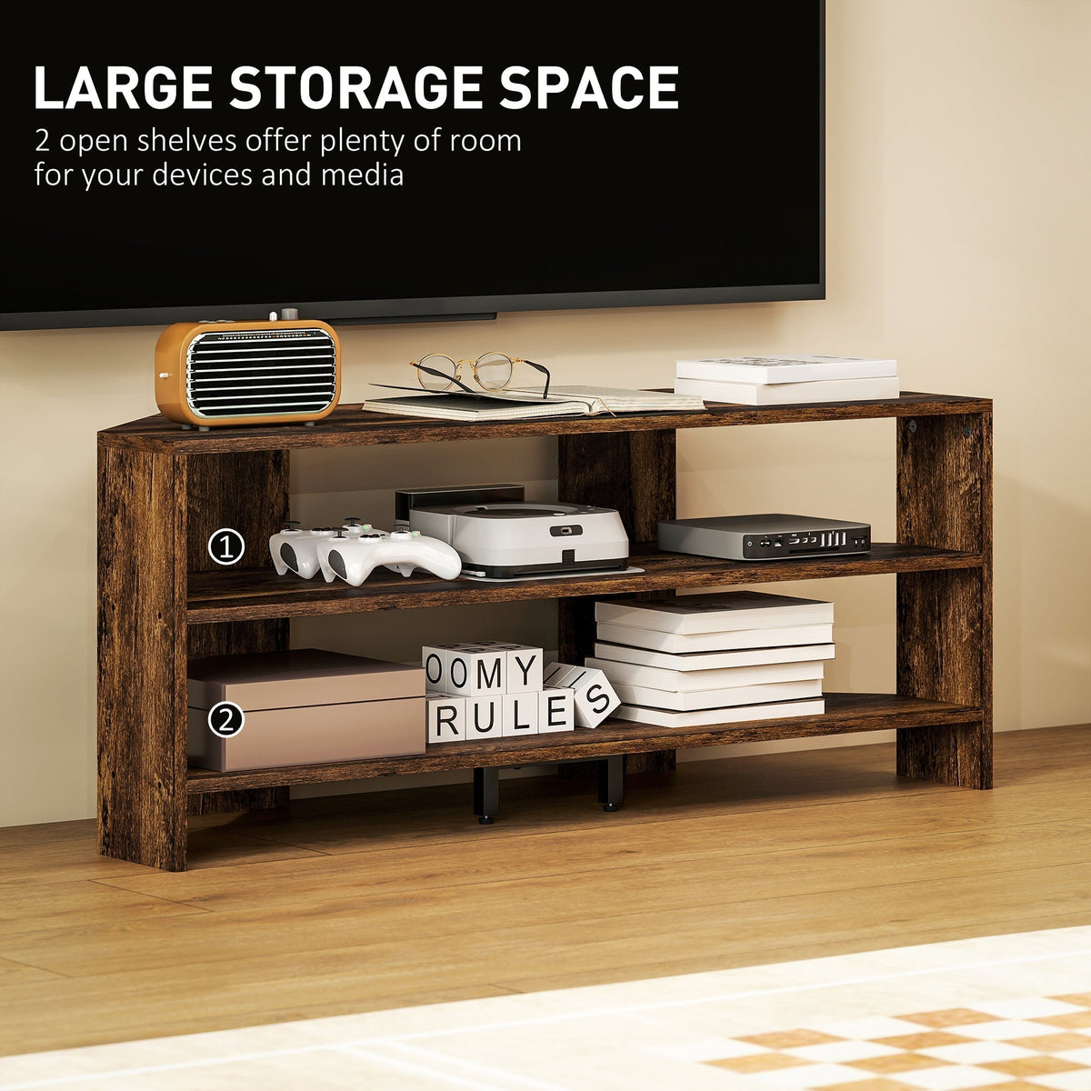 HOMCOM Corner TV Stand with 2 Open Shelves for 47 Inch TV - Rustic Brown