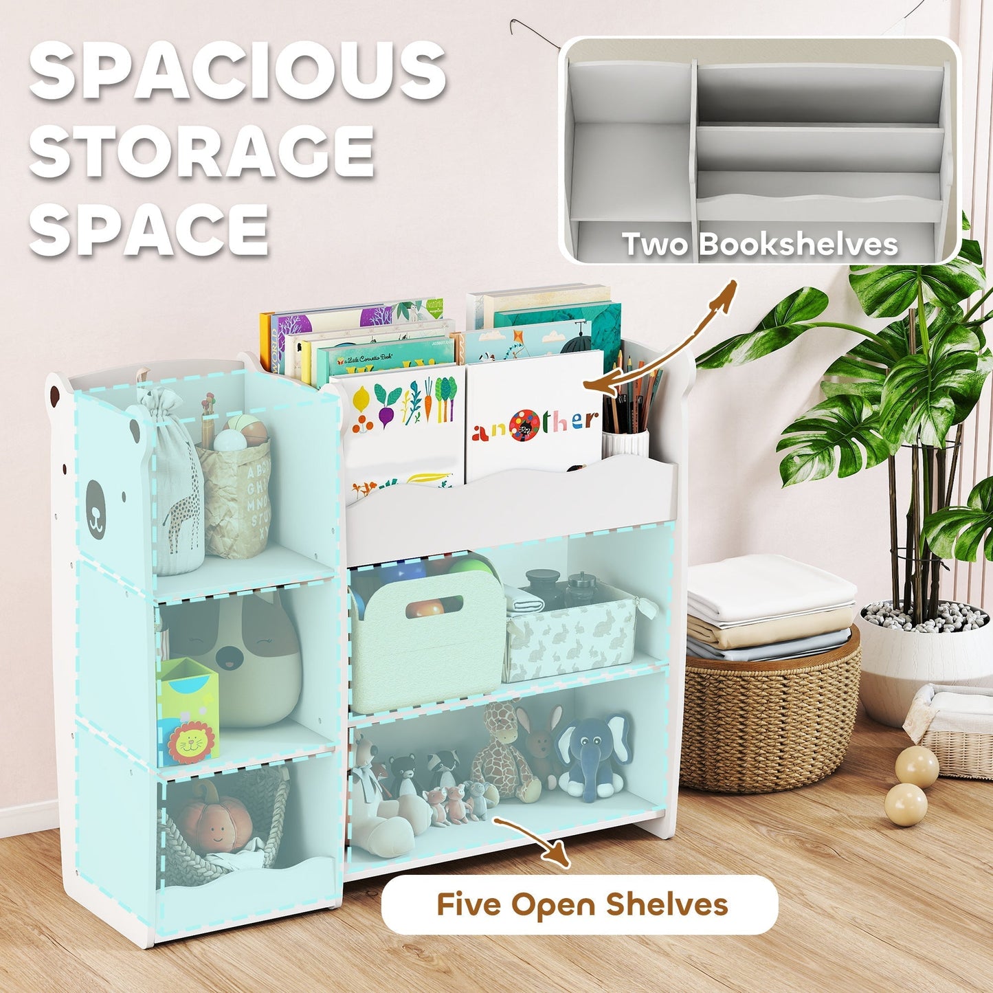 AIYAPLAY Kids Toy Storage Unit, Bear Design Kids Bookshelf and Toy Organiser, for Bedroom, Nursery, Playroom, White