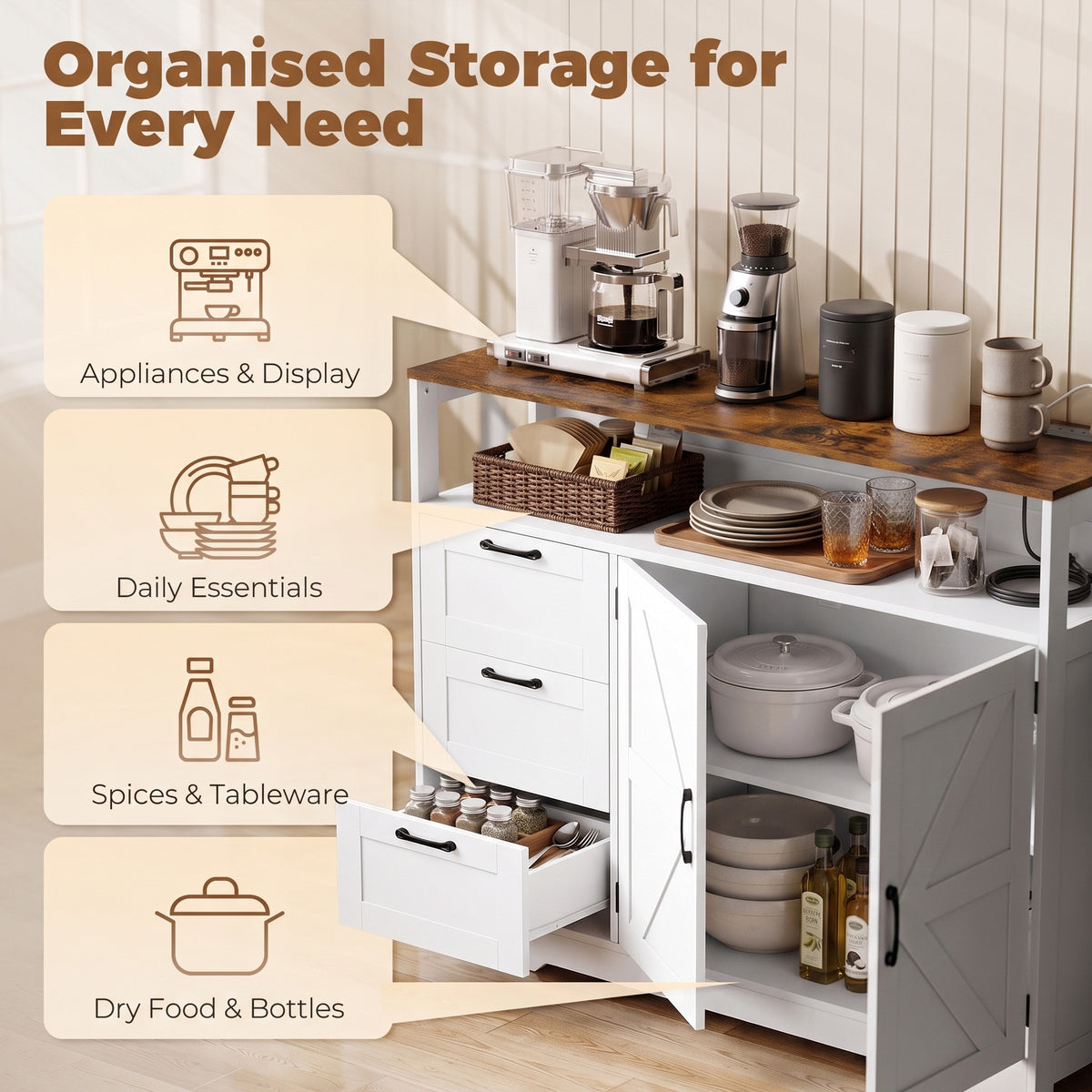 HOMCOM Sideboard Cabinet with Power Outlet in White