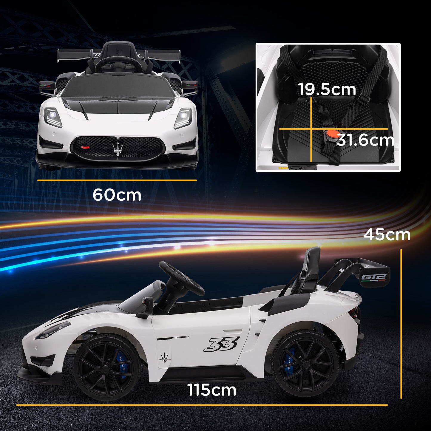 AIYAPLAY Maserati GT2 Licensed 12V Kids Electric Ride on Car with 4 Suspension Wheels, Remote Control, Music, Horn, Lights, White