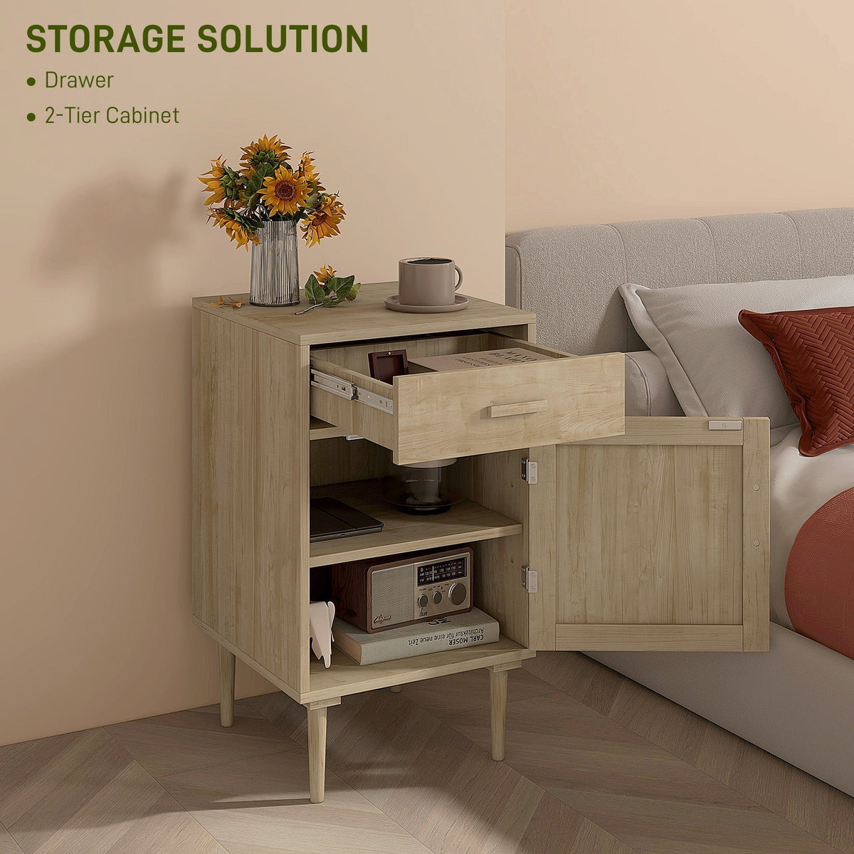 HOMCOM Bedside Table, Rattan Side Tables with Drawer, Cabinet and Adjustable Shelf, Boho Bedside Cabinet with Storage for Bedroom, Living Room, Natural Wood Effect