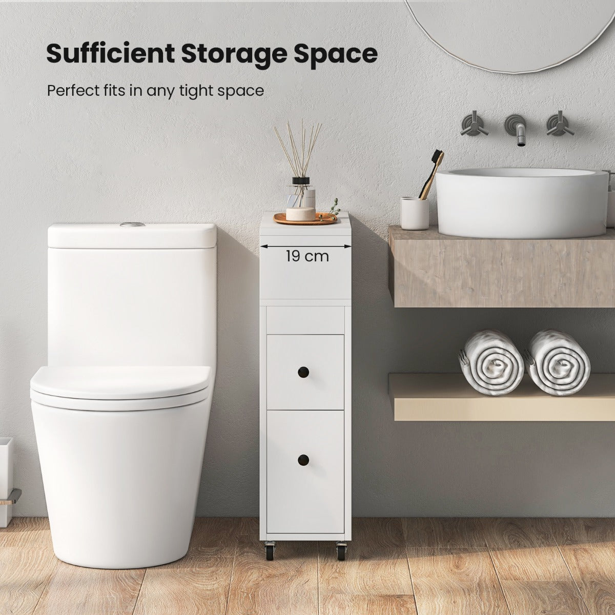 Slim Bathroom Storage Cabinet Movable with 2 Drawers and Baskets-White
