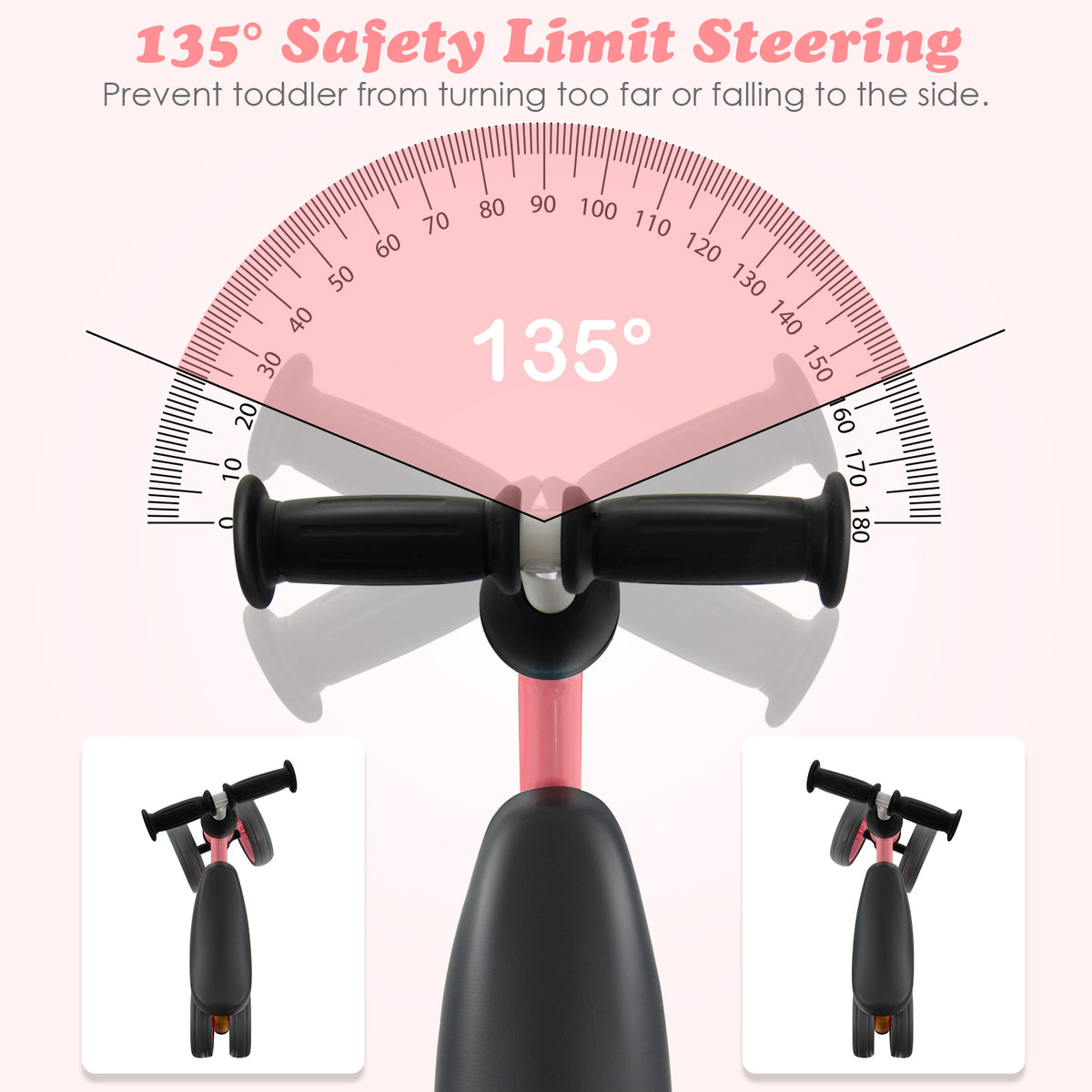 The balance bike handlebars showing the limited steering angle range from above