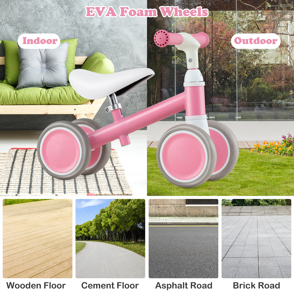 Pink balance bike shown on different floor surfaces, indoor and outdoor
