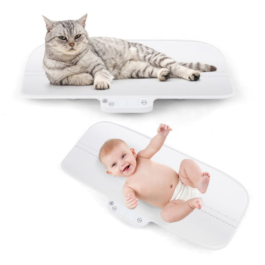 The infant scale with a cat lying on the tray and a baby on the tray