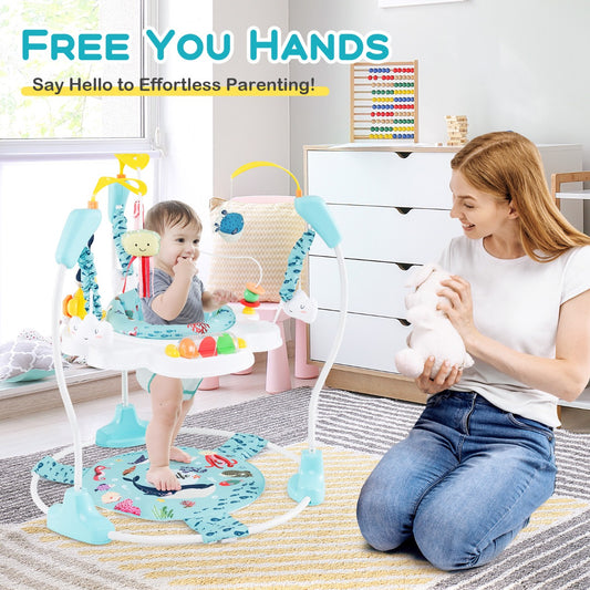 The baby walker in use by a child in a bright living room with a parent nearby