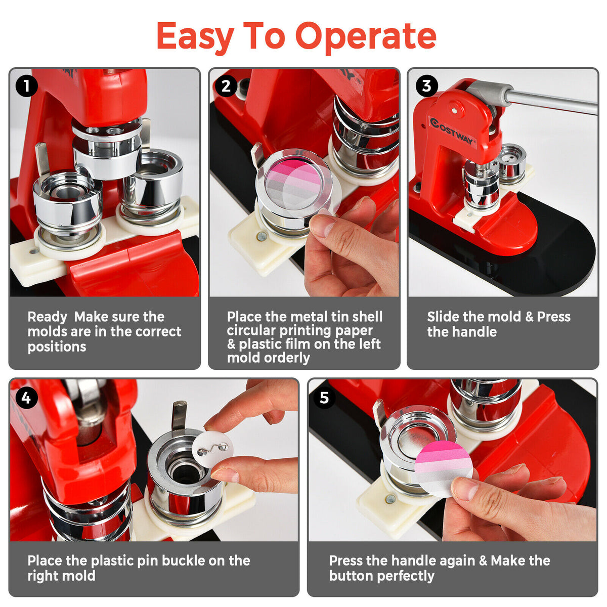 Five step-by-step instructions showing how to operate the badge maker to create a button