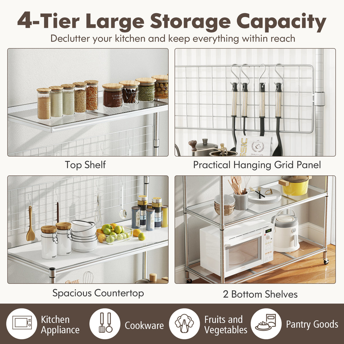 The bakers rack on wheels, detailing its four shelves, countertop, and hanging grid panel