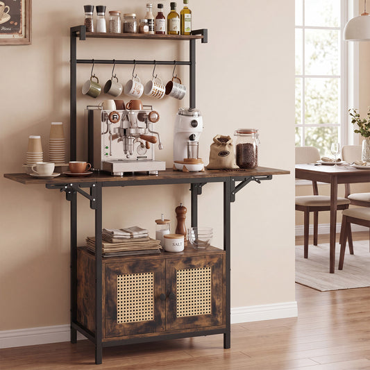 The bakers rack with power outlets set up in a dining room with a coffee machine and mugs on it