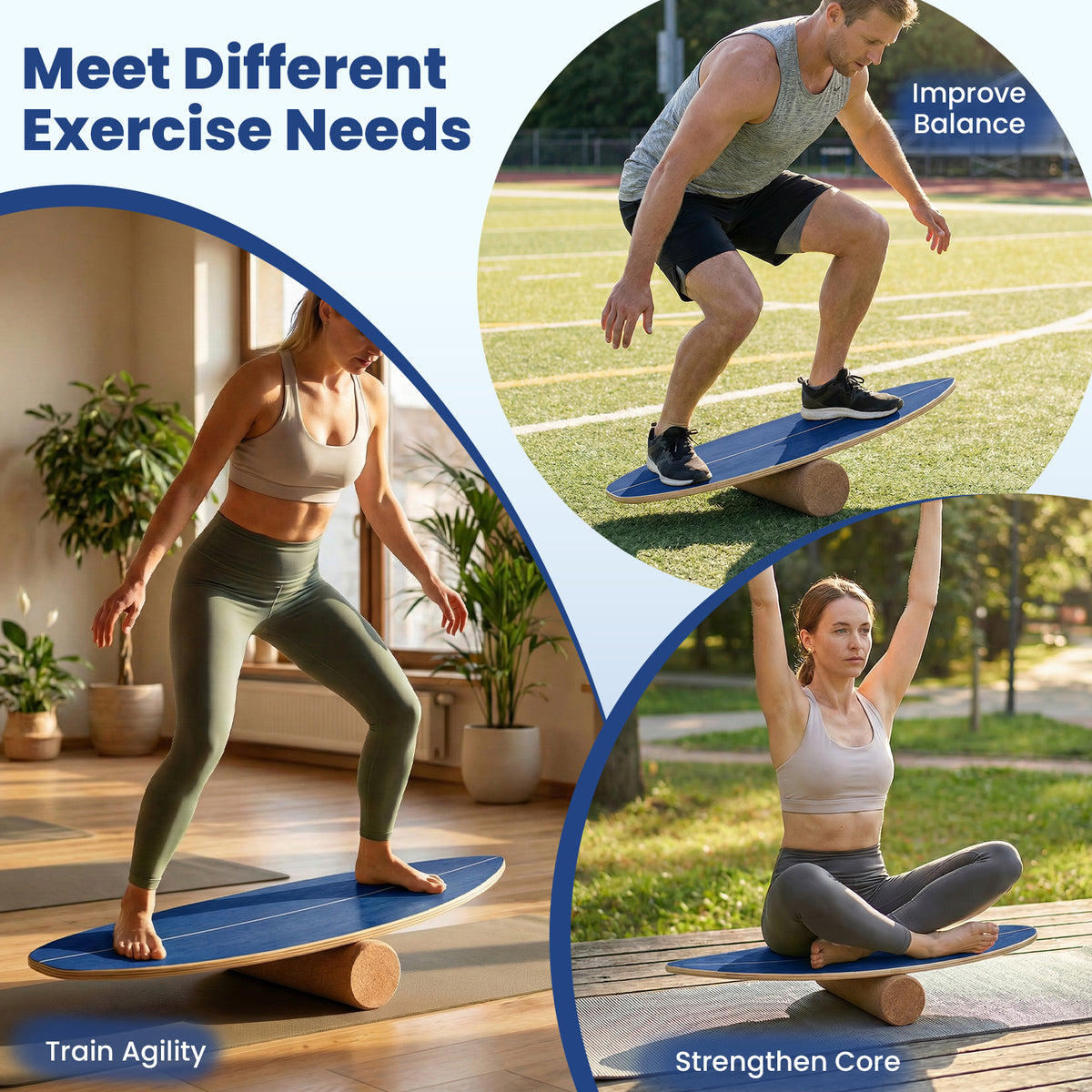 Collage showing different exercise possibilities with the balance board and roller