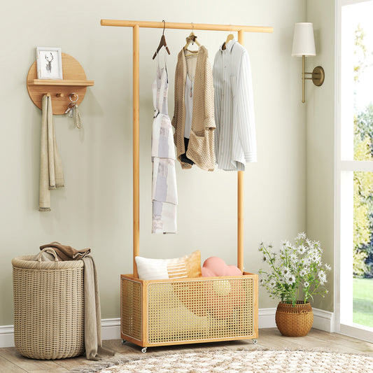 The coat rack with storage basket in a hallway with a basket and wall shelf