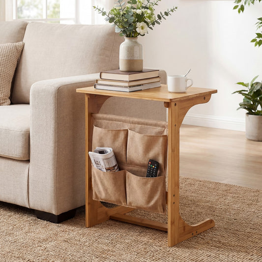 The end table is next to a sofa with books and a mug on top and items in the pockets