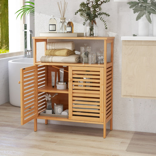 The cabinet placed in a bright bathroom setting with toiletries and towels on the shelves