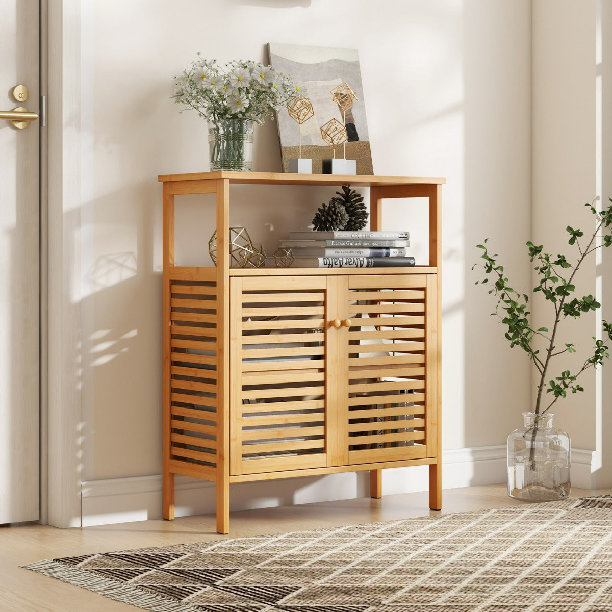 Bamboo Storage Cabinet with Double Louvered Doors-Natural