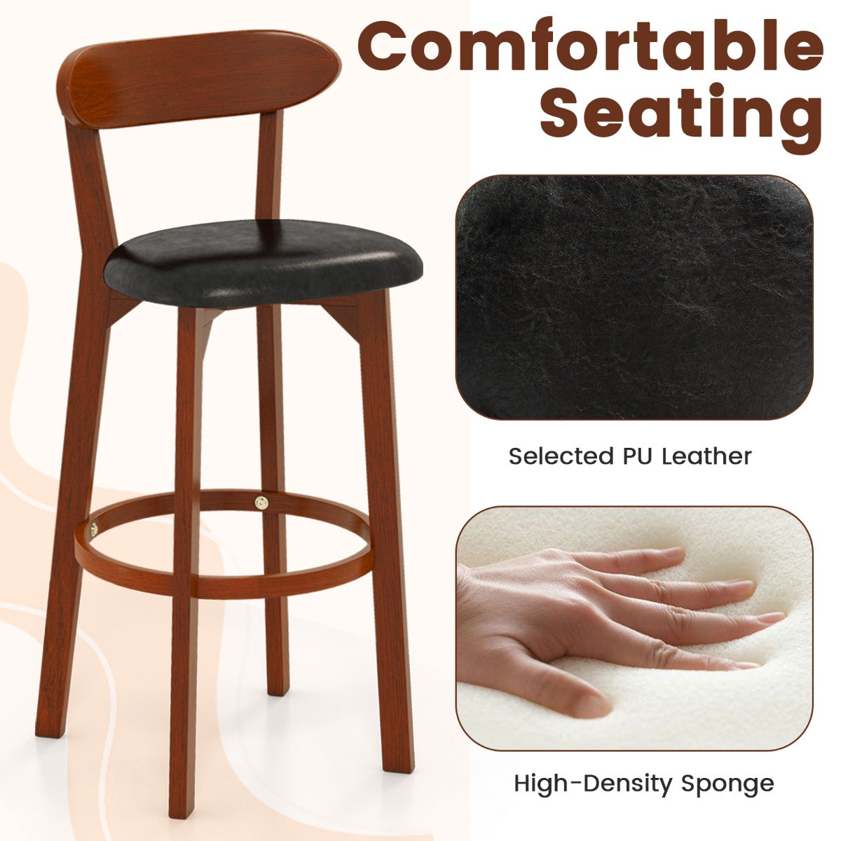 Bar Stool Set of 2 with Curved Backrest and Footrest-29 Inches