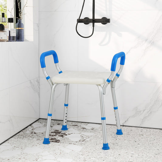 The blue and white bath safety chair positioned in a modern tiled shower cubicle