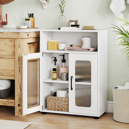 The freestanding cabinet shown in a bathroom with one door open, displaying toiletries on shelves