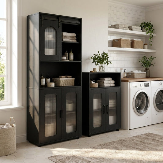 The floor cabinets placed in a laundry room next to a washing machine with decor on shelves