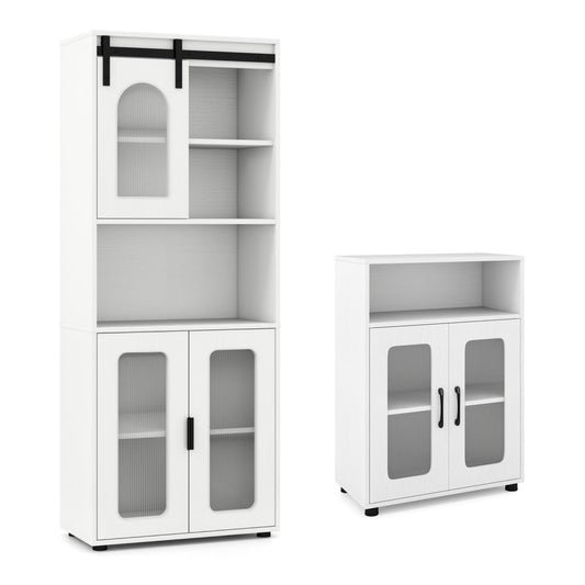 The tall bathroom cabinet with glass doors and a sliding barn door top