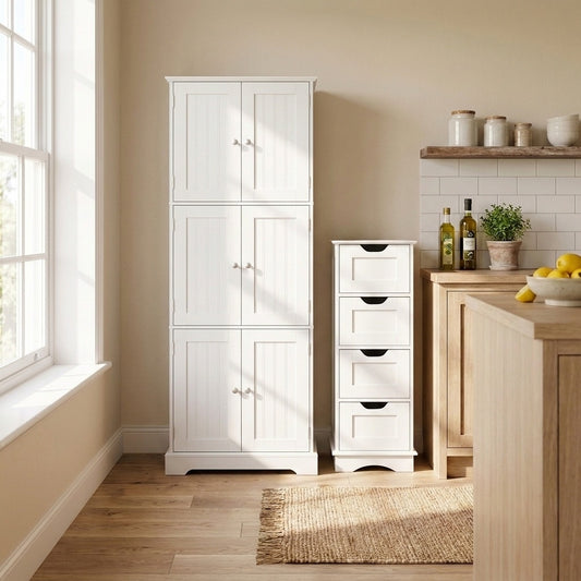White floor cabinets in a bathroom setting with a sink and mirror