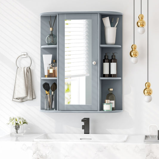 The grey bathroom cabinet with mirror is shown mounted above a sink with toiletries on the shelves