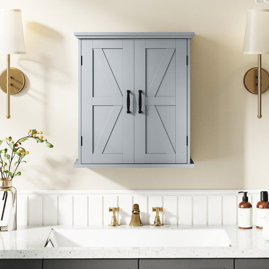 Grey bathroom cabinet with barn style doors mounted on a tiled wall above a sink