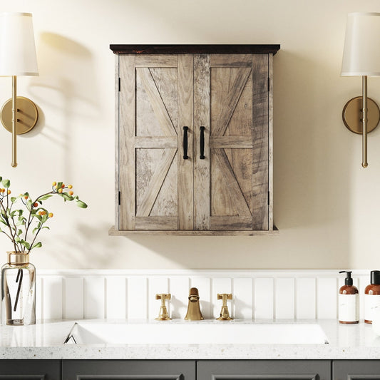 Rustic brown bathroom wall cabinet with two doors mounted above a sink