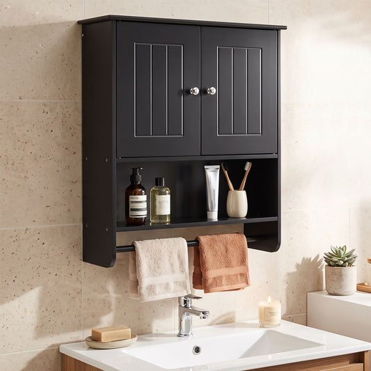 Black wall cabinet with two doors and a towel bar, shown above a sink