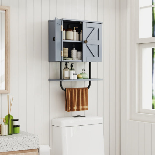 The wall cabinet mounted above a toilet with toiletries inside and on the open shelf