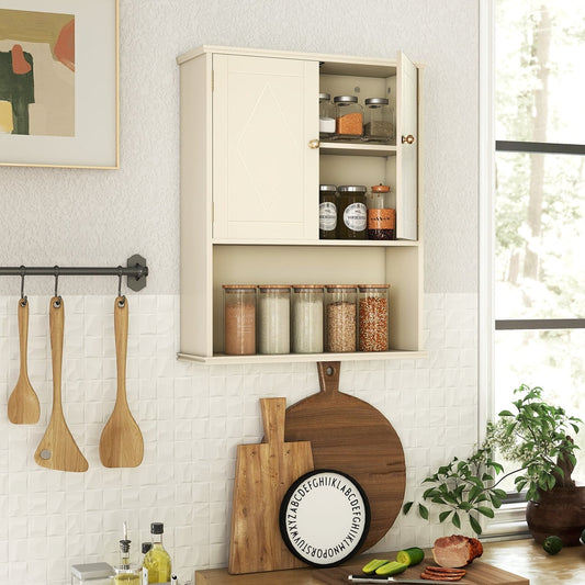 The beige wall cabinet is shown in a kitchen setting with jars of spices on the open shelf