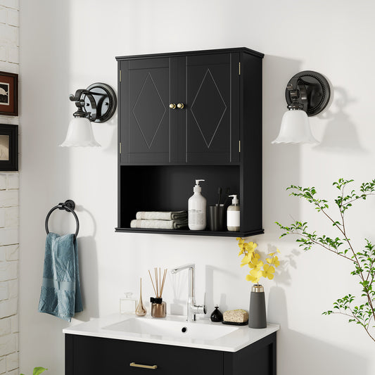 The wall cabinet mounted above a bathroom sink with toiletries and towels on the open shelf