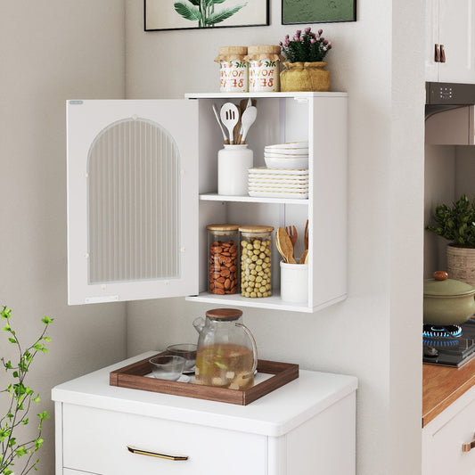 The wall cabinet is open and filled with kitchenware on a shelf