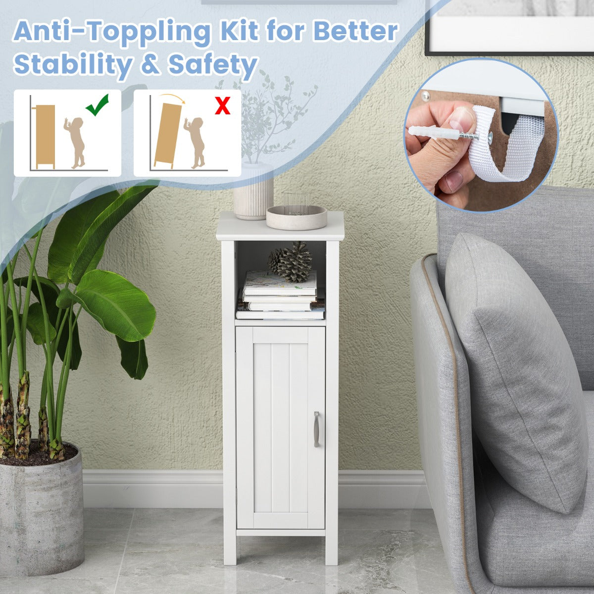 Freestanding Narrow Bathroom Storage Organizer Rack Stand with Door and Adjustable Shelf-White