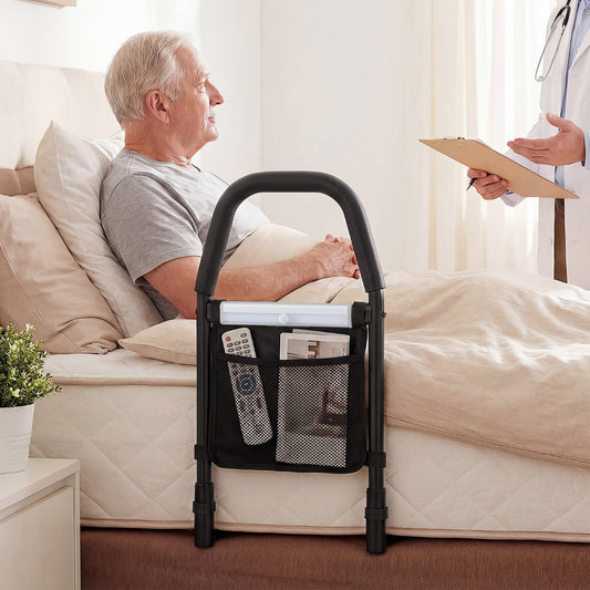 This bed rail with motion sensor light is shown next to an elderly man sitting up in bed