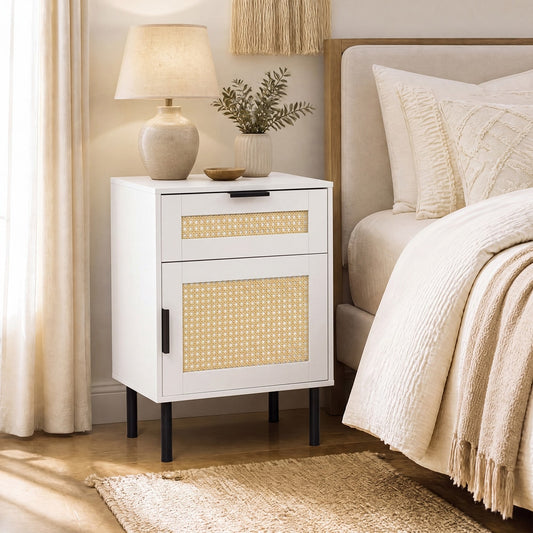 The white bedside table with rattan drawer and door in a bedroom setting