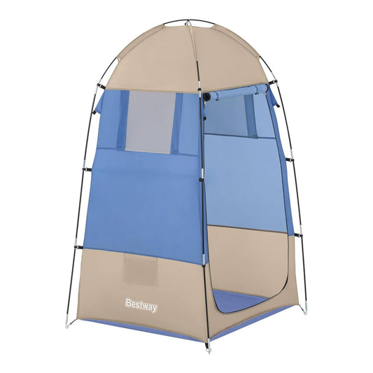 The portable spray tanning tent from the side, showing its blue and beige panels and support poles