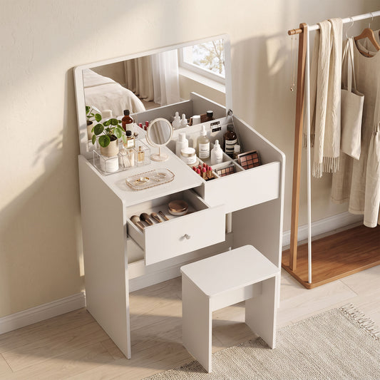 HOMCOM Vanity Desk with Mirror Dressing Table Drawer Set 6 Compartments Storage Stool White