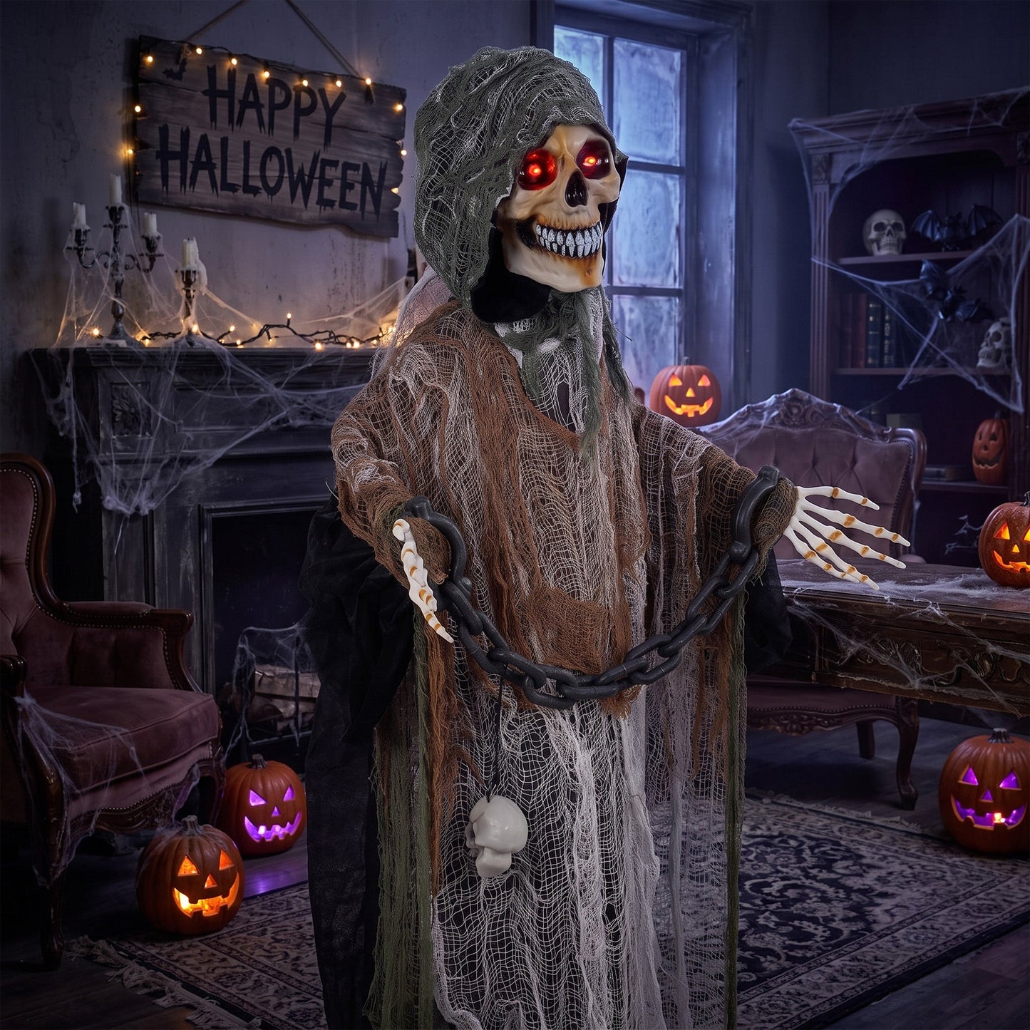 HOMCOM 170cm Animated Grim Reaper, Life-Size Halloween Animatronic with Moving Hands/Head, Glowing Eyes, Creepy Sound
