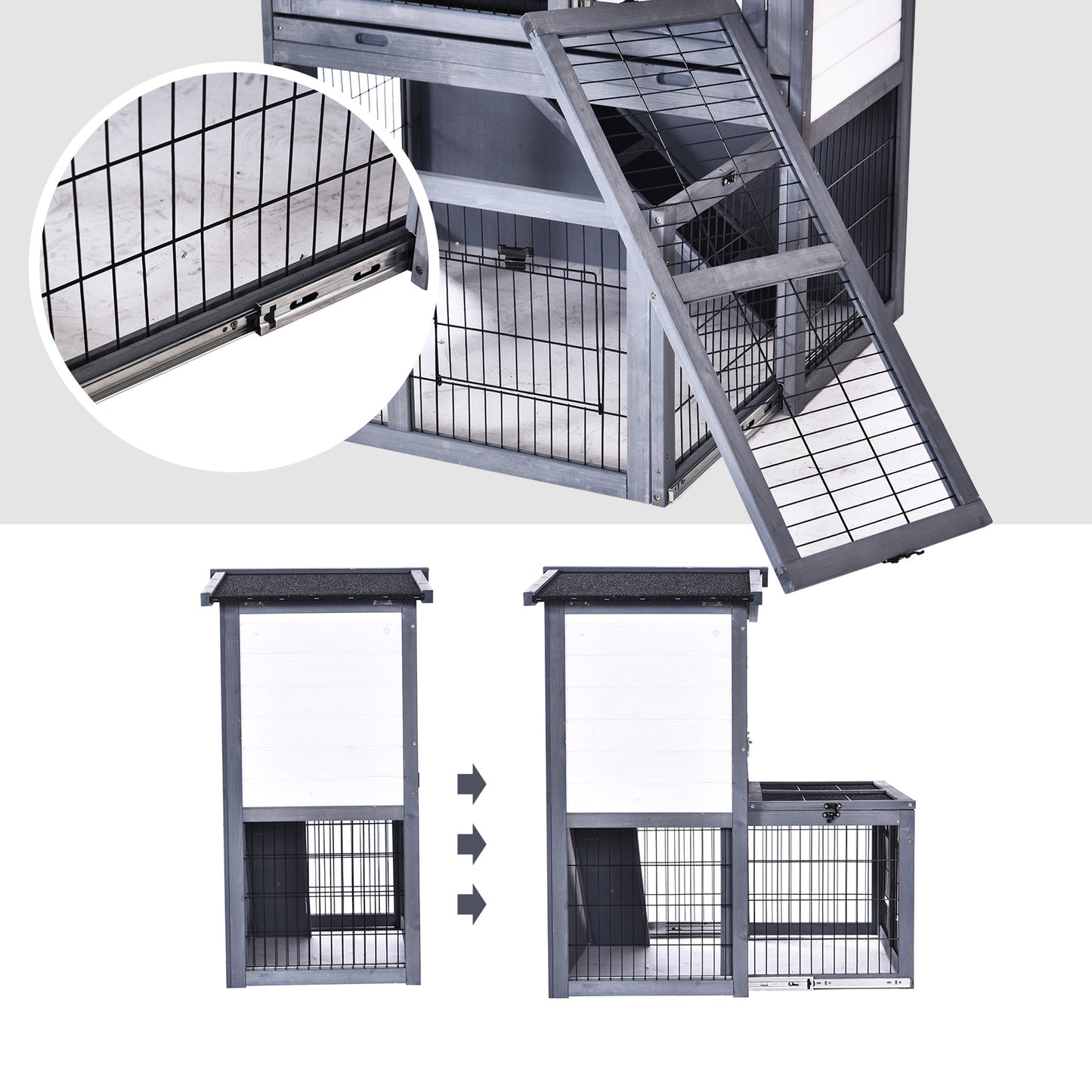 PawHut Rabbits 2-Tier Fur Wood Outdoor Hutch Guinea Pigs Hutches Grey