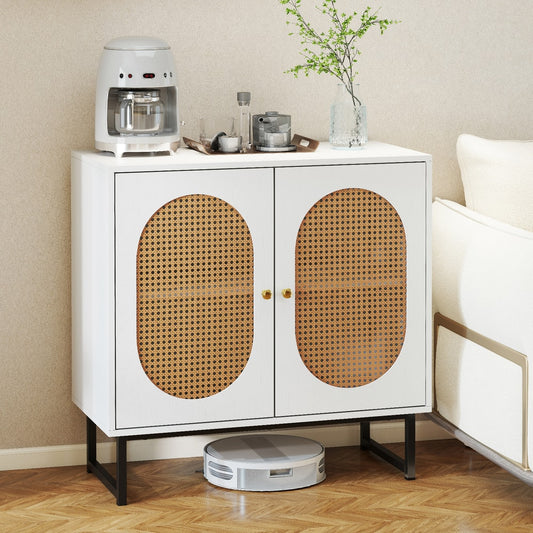 White storage cabinet with oval rattan door panels and gold handles