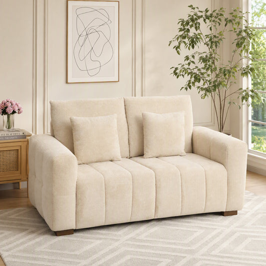 HOMCOM 2 Seater Sofa, Upholstered Velvet Small Couch for Bedroom with Pillows, Modern Sofa Settee with Padded Cushion and Wood Legs for Living Room, Cream White