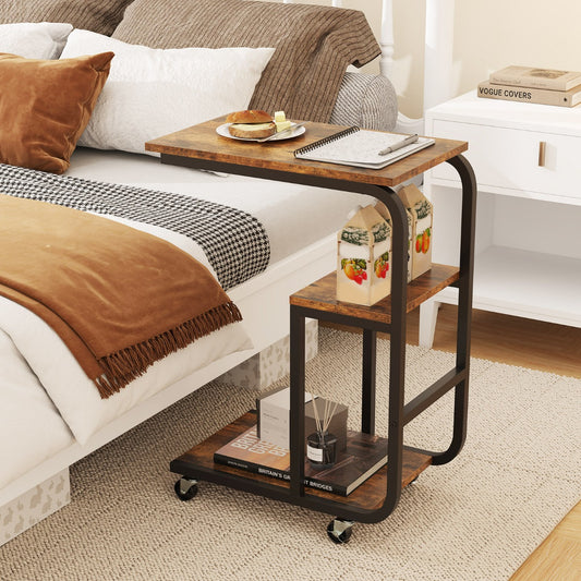 The side table positioned next to a bed with books and snacks on its shelves