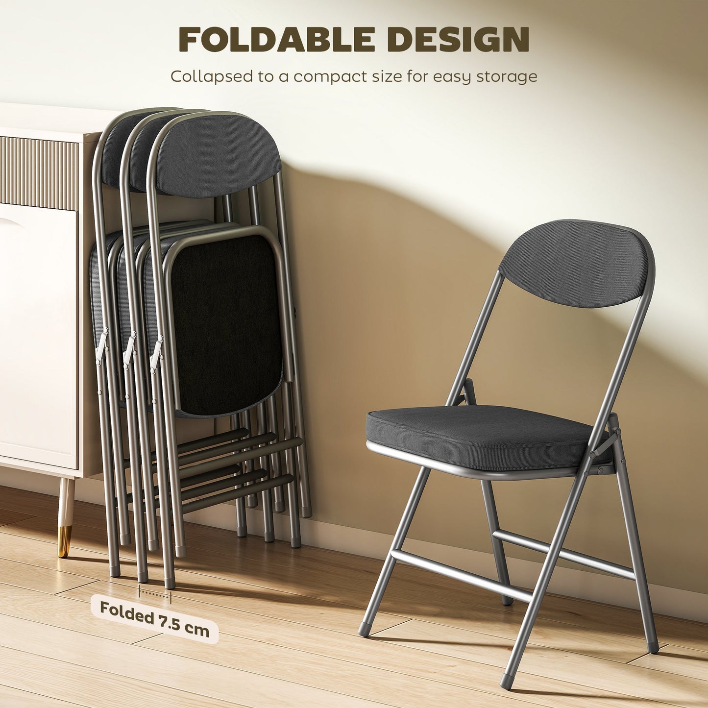 HOMCOM Set of Four Folding Corduroy Seat Chairs - Dark Grey