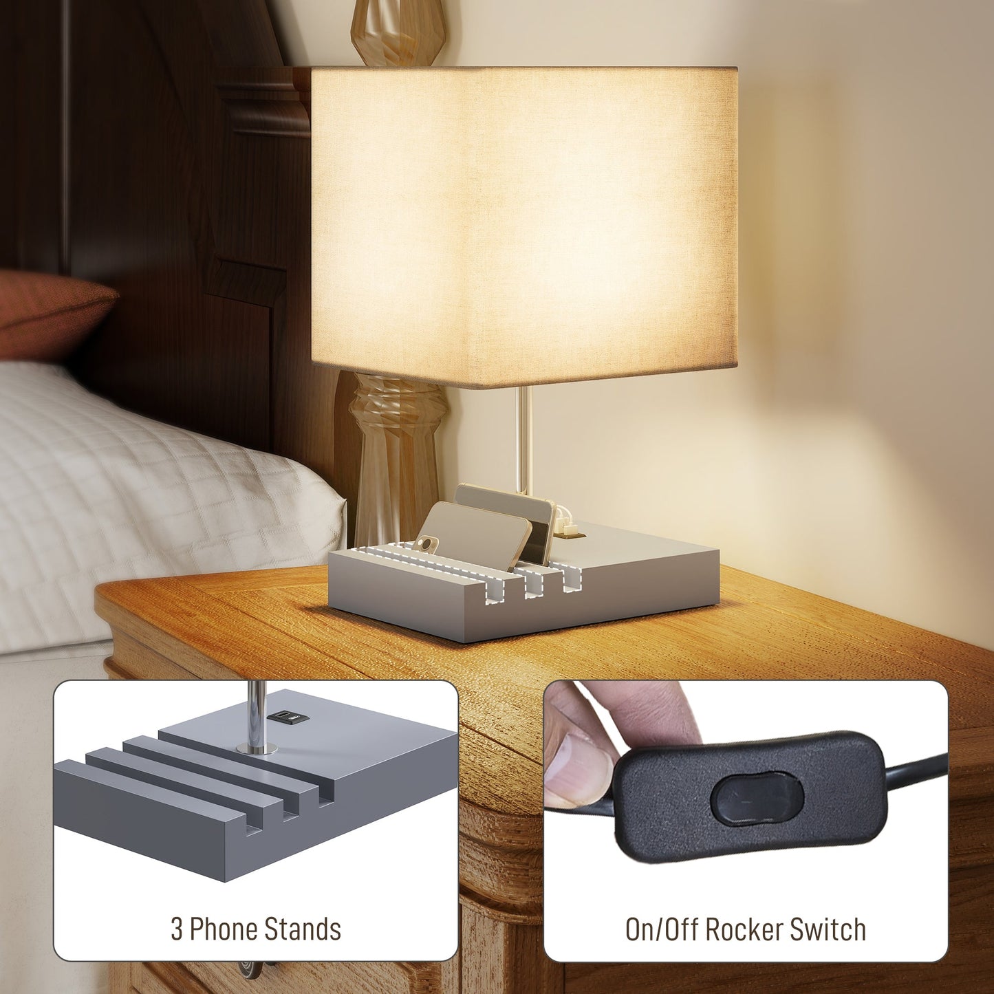 مصباح طاولة HOMCOM مع منافذ شحن USB A+C و3 حوامل للهاتف، مصباح طاولة عصري بقاعدة خشبية صلبة وغطاء قماشي لغرفة النوم وغرفة المعيشة والمكتب، مقبس E27، اللمبة غير متضمنة، رمادي