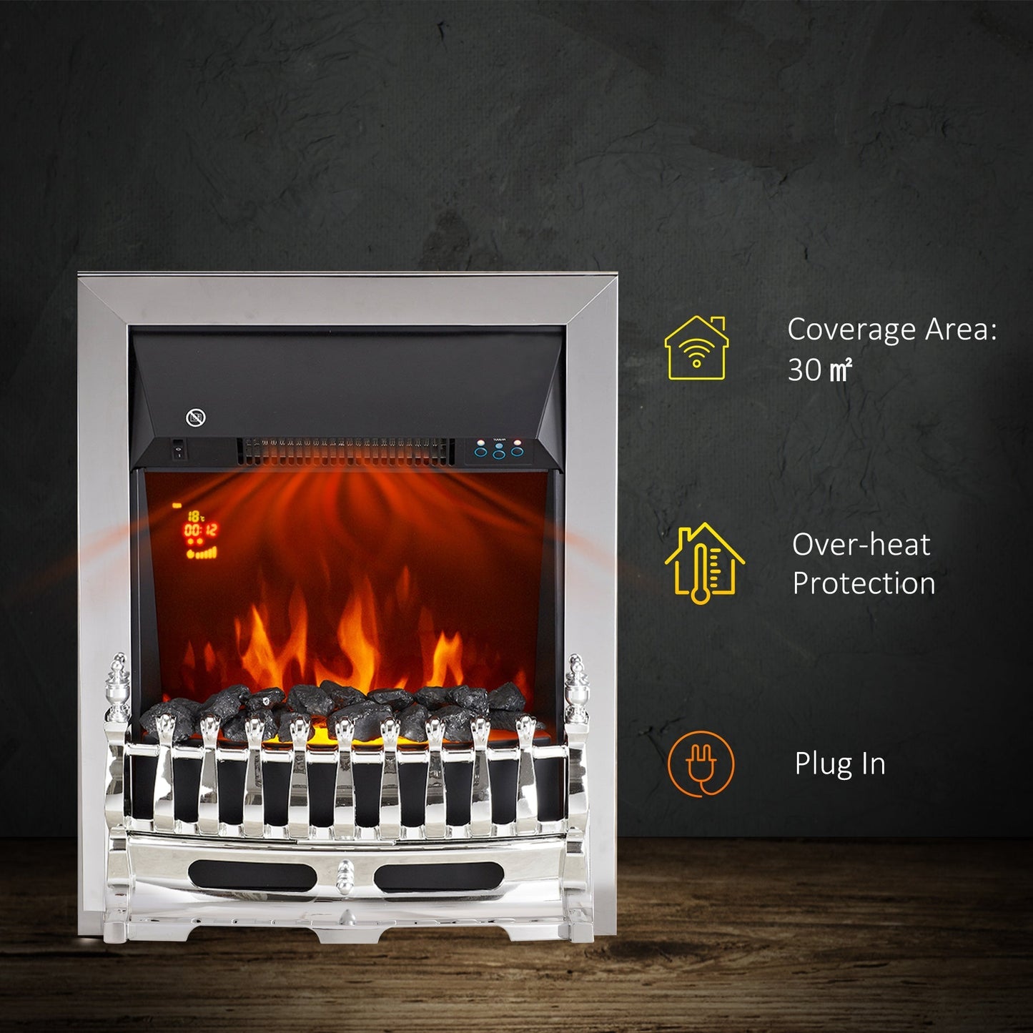 HOMCOM Contemporary Electric Fireplace Coal Burning Flame Effect Inset Fire Place Space Heater Glass View LED Lighting with Remote Control, 1000W/2000W, Silver