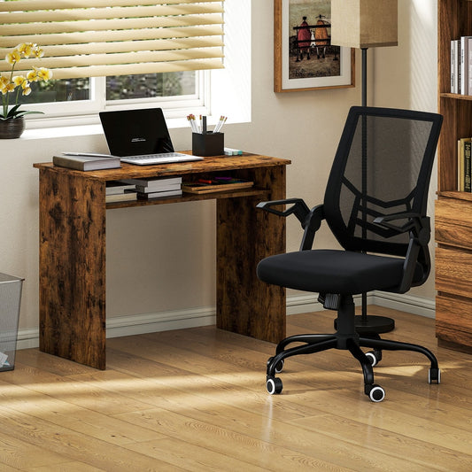 Rustic brown computer desk and black mesh office chair in a home office setting