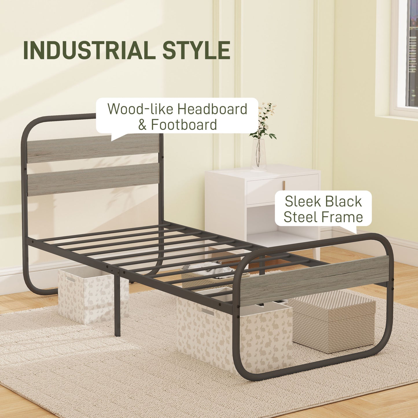 HOMCOM 3ft Single Bed Frame, Industrial Style Metal Platform Bed Frame with Under Bed Storage, No Box Spring Needed, Easy Assembly, Grey